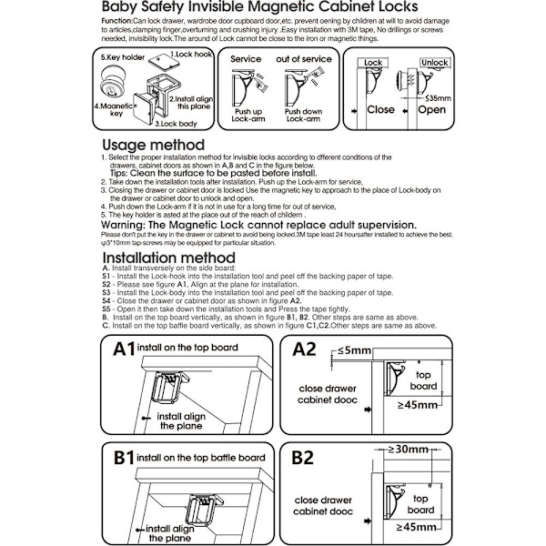 Magnetiskt barnlås Lådspärr Baby 2 Locks 1 Keys