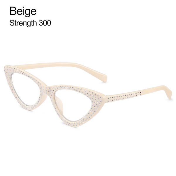 Cat Eye Läsglasögon Diamond Presbyopic Glasögon BEIGE beige Strength+300-Strength+300