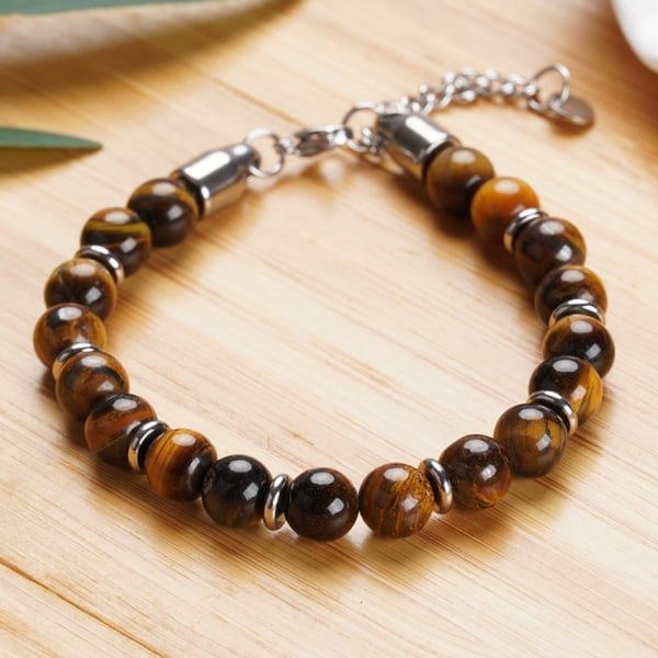 Tiger Eye Beads Strand Armbånd Herre Dame Rustfritt Stål F