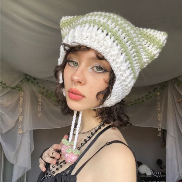 Cat Ear Hairball Beanies Hat Stripe Stickad Cat Ear Hairball Style 3