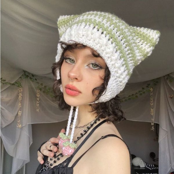 Cat Ear Hairball Beanies Hat Stripe Stickad Cat Ear Hairball Style 9