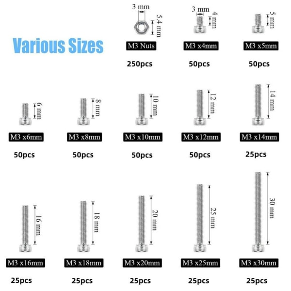 700 stk. hætte med sekskantet hovedskruer Bolte og møtrikker Kit M3 skruer
