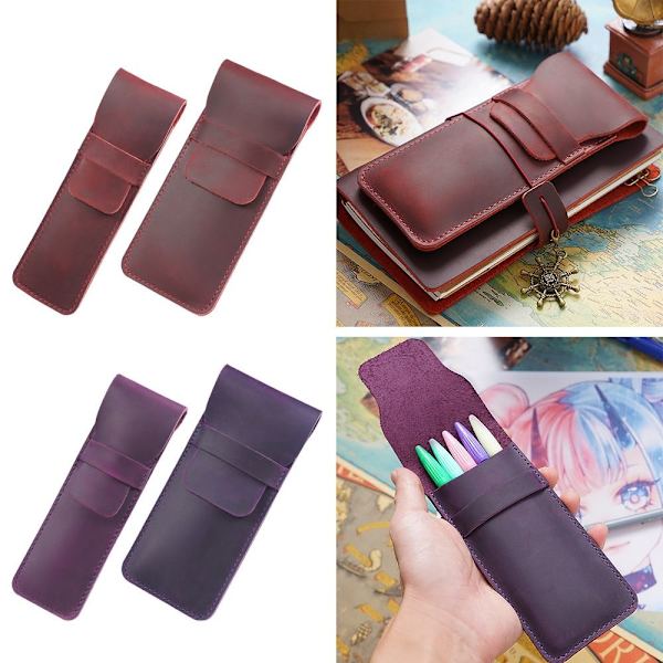 Retro læder penneholder Brun fyldepennepose LILLA SMALL Purple Small-Small