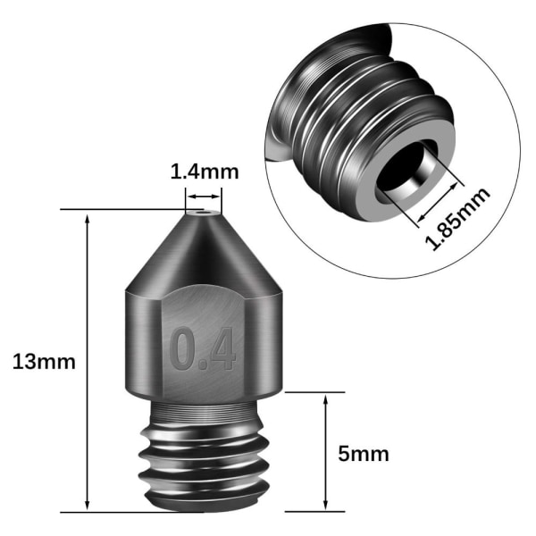 5 st Härdat stålmunstycke 3D-skrivarmunstycken 0,4 mm MK8