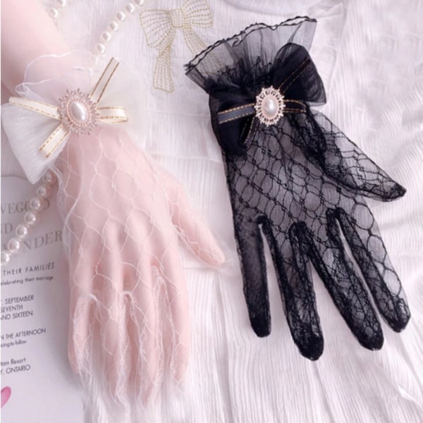 Musta Valkoinen Pitsikäsineet Gothic Lolita Mesh Bow Glove MUSTA Black