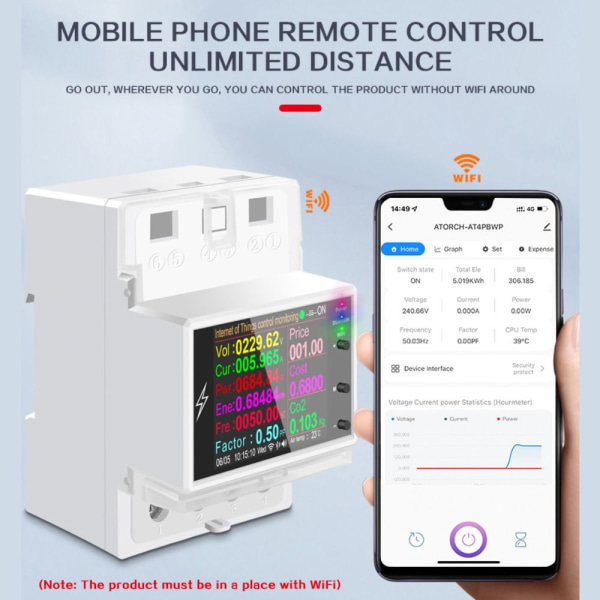 Elektrisk energimåler AT4PW Smart Switch WIFI Rail Meter 100A