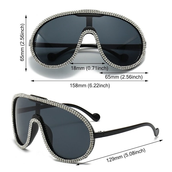 Rhinestone aurinkolasit Ylisuuret sävyt MUSTA HOPEA-MUSTA MUSTA Black Silver-Black