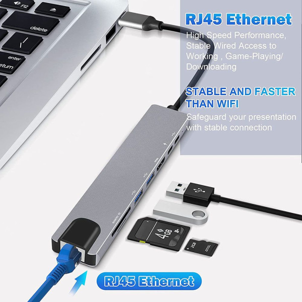 8 i 1 USB HUB Type-C Splitter 4K HDMI PD Laddningsdockningsstation USB 3.0