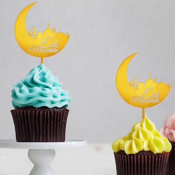 5 st Eid-tårta Toppar Slott Måne Cupcakes Toppar GULD