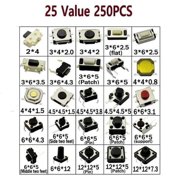 250st 25 värden Tryckknappsbrytare Momentary Tact Switch