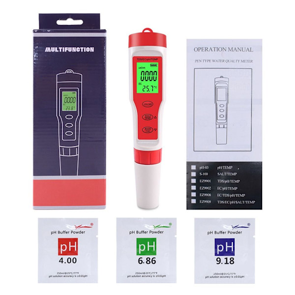 4-i-1 digital pH-mätare med pH/TDS/EC/Temp-funktion med ATC