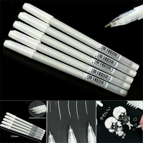 5 kpl 0,8 mm valkoinen kynä Sketch Fine Liner Pen Superior High Light Silver