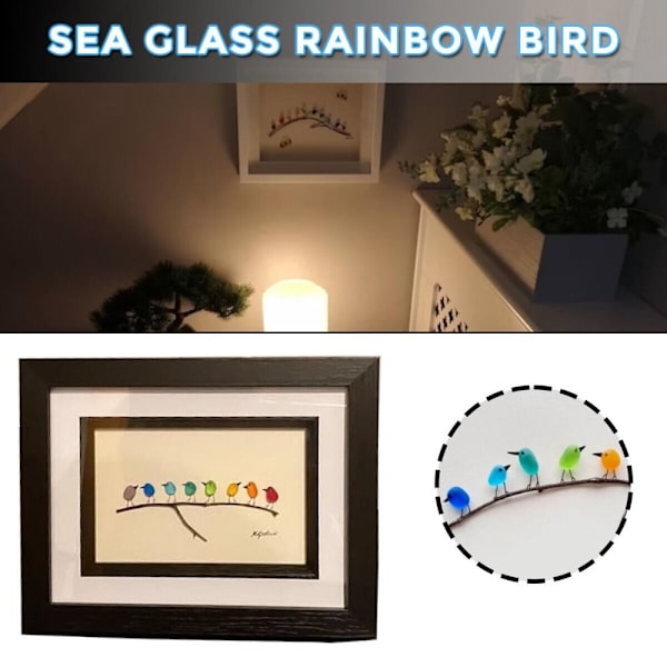 Merilasinen sateenkaaren lintuornamentti lasilintuhahmo 12 12 birds-White frame
