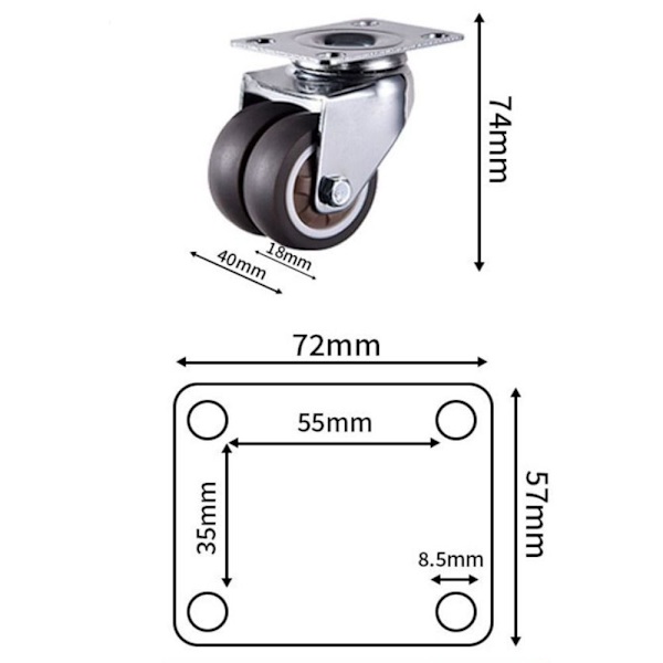 4 Stk 2''Swivel Caster Hjul Pladehjul med 2 bremser