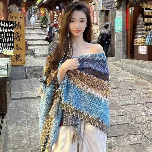 Mongolisk Poncho Cardigan Tofs Sjal GRÅ grey