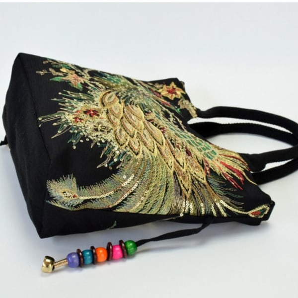 Peacock Brodeerattu Kangaskassi Canvas Käsilaukku MUSTA NORMAALI black normal version-normal version