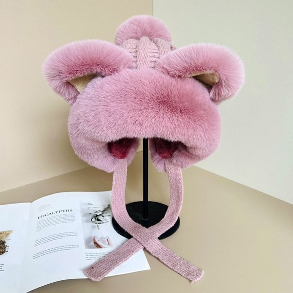 Faux Fur Beanies Hat Katteøre strikket kasket PINK pink