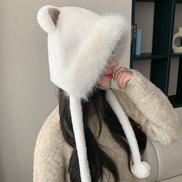 Faux Fur Beanies Hattu Kissa Korva Neulottu Cap VALKOINEN white