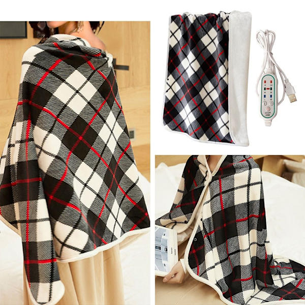Elektrisk uppvärmd filt sammet varm sjal black checkered blanket