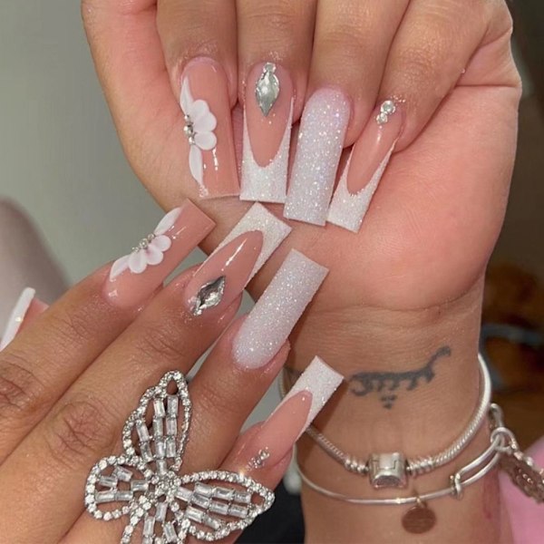Fake Nails French White Edge Flower
