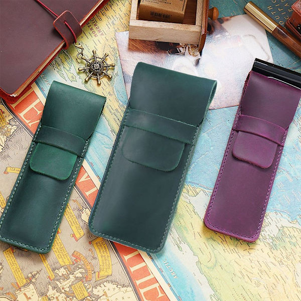 Retro læder penholder Brun fyldepennepose GRØN SMALL Green Small-Small