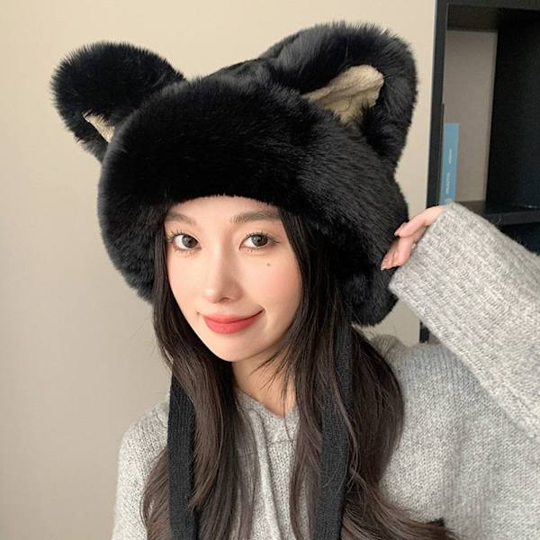 Mössor i fuskpäls Mössa Cat Ear Stickad Cap SVART black