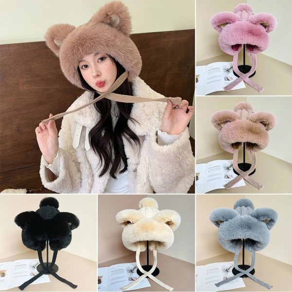 Faux Fur Beanies Hattu Kissa Korva Neulottu Cap BEIGE beige