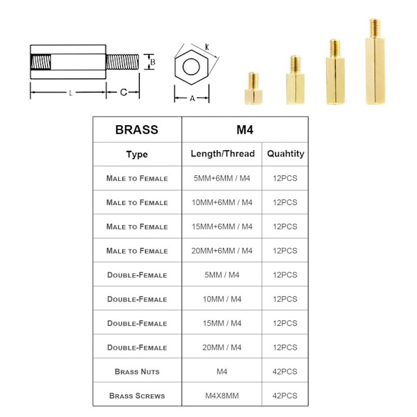 180 stk. Hex Messing Spacer Sortiment Kit Standoff skruemøtrik
