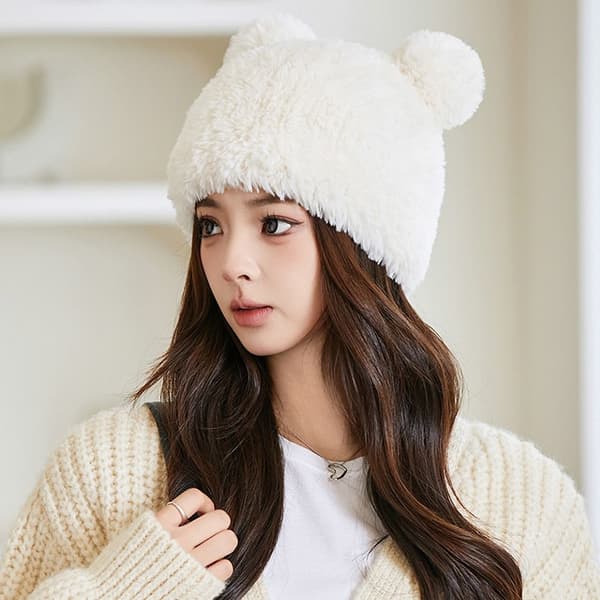 Bear Ear Strikket Hue Winter Warm Cap SORT black
