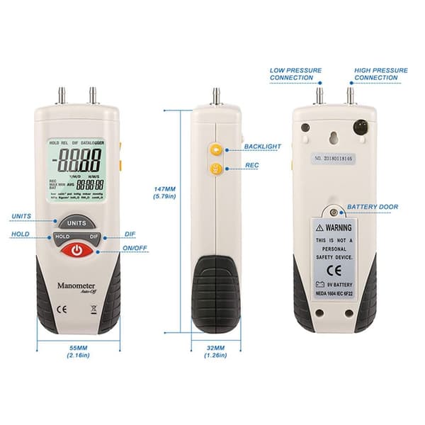 Digitalt differentialmanometer HVAC Gastryktester Digital