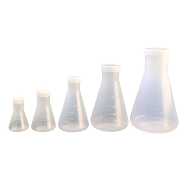 Muovinen Erlenmeyer-pullo, leveäsuinen, kartiomainen pullo, kolmio