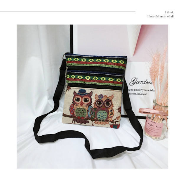Liten dubbel dragkedja Messenger Bag Cartoon Owl Printed Bag BB B
