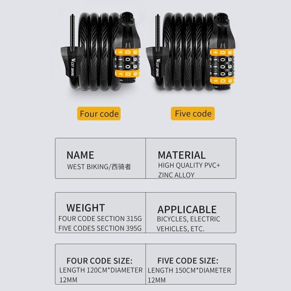 Sykkellås Sikkerhetskabellås 5 KODE 150CM 5 KODE 150CM 5 Code 150cm