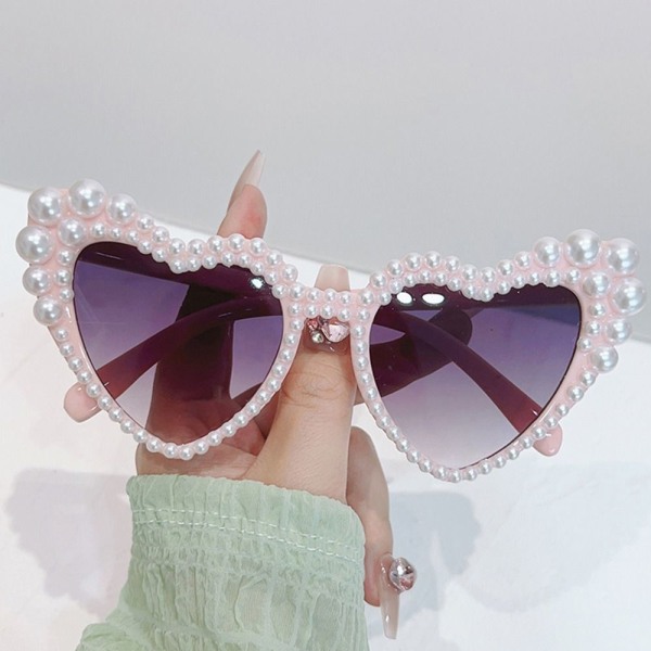 Imitation Pearl Frame Solbriller Cat Eye Eyewear PINK-GRÅ Pink-Grey