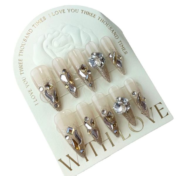 10st Champagne Flash Diamond Handgjorda naglar Pure Manual False M