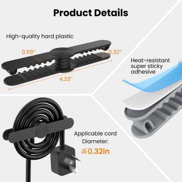 3stk Kjøkkenapparat Ledning Winder Strømledning Organizer SVART Black