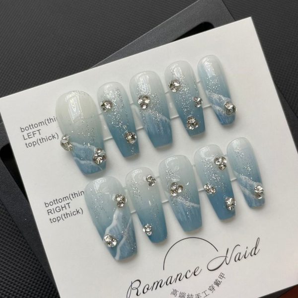 10 stk Blue Ocean håndlavede negle Pure Manual False Nail L L
