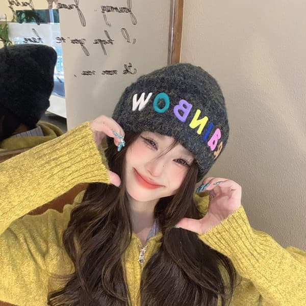Rainbow Letter Beanie Knitted Beanie Hat HARMAA grey