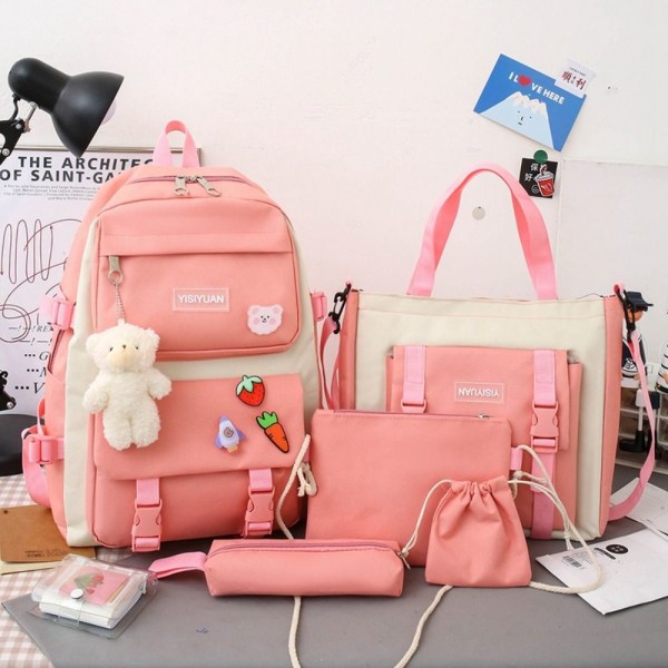 5STK/SETT Ryggsekk Skolesekk ROSA Pink
