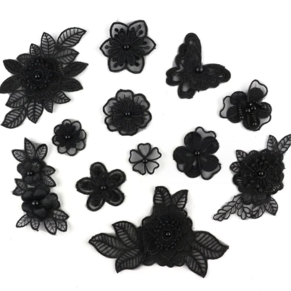 12 kpl kukkapitsi brodeerattuja merkkejä Musta 3D kukkaommel