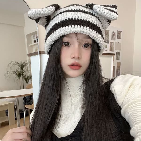 Japanese Beanie Hat Ins Little Devil Striped Hat GRÅ&HVIT grey&white