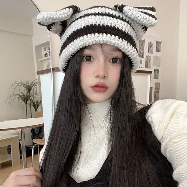Japansk Beanie Hat Ins Little Devil Striped Hat SORT&GRÅ black&grey