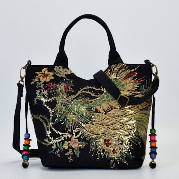 Peacock Brodert Tote Bag Canvas Håndveske SVART NORMAL black normal version-normal version
