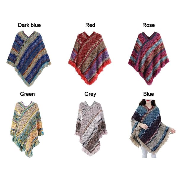 Mongolsk Poncho Pullover Tassel Sjal RØD red