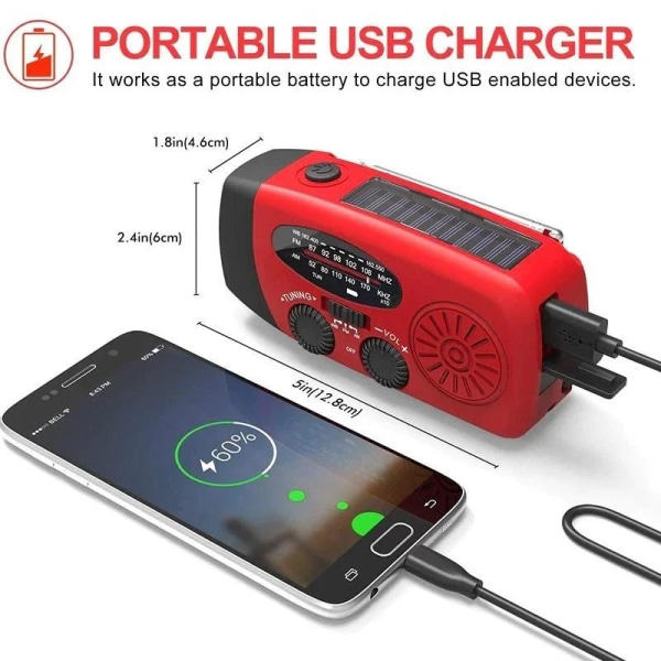 Krankradio med solceller lommelygte og 2000mAh Powerbank Red SOS red