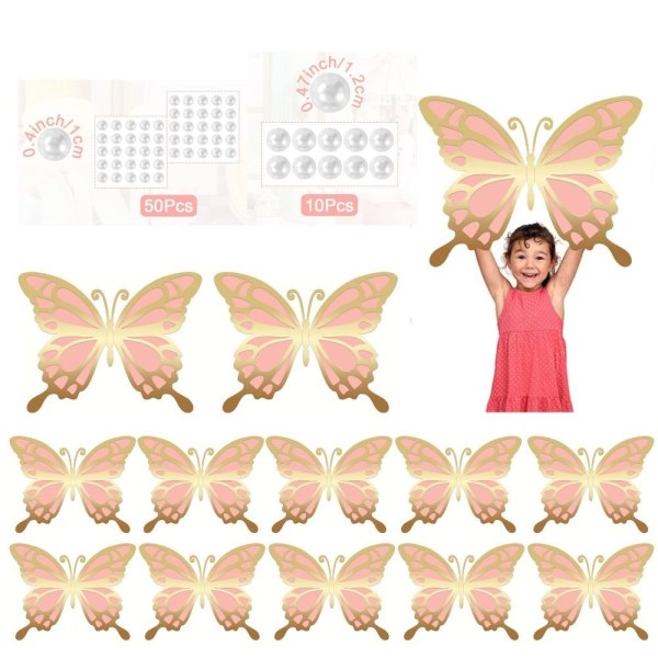 12 Stk 3D Sommerfugle Vægpinde Papir Sommerfugle Sæt Dyr Pink Gold 12pcs-12pcs