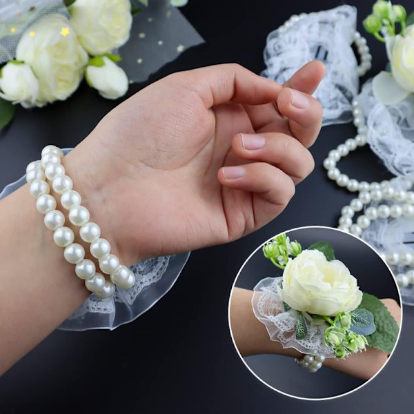 10 stycken Elastic Pearl Wrist Corsage Bands Bröllop handled
