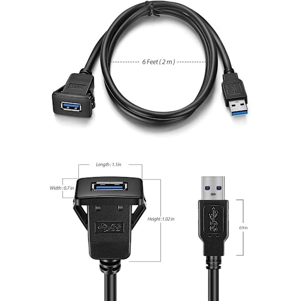 USB 3.0 Square Panel Flush Mount förlängningskabel med spänne 1M