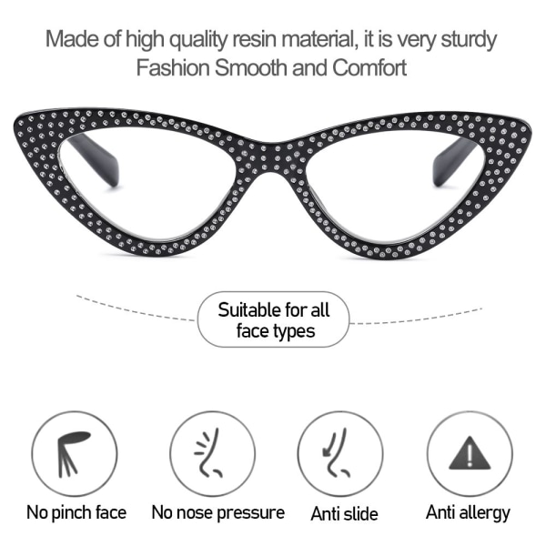 Cat Eye Läsglasögon Diamond Presbyopic Glasögon SVART black Strength+350-Strength+350