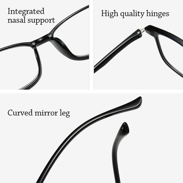 Lesebriller med anti-blått lys Firkantede briller SVART Black Strength 300